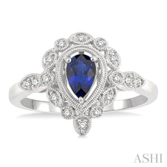 6x4 MM Pear Cut Sapphire and 1/8 Ctw Lattice Reverse Taper Shank Round Cut Diamond Precious Ring in 10K White Gold