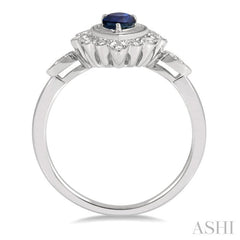 6x4 MM Pear Cut Sapphire and 1/8 Ctw Lattice Reverse Taper Shank Round Cut Diamond Precious Ring in 10K White Gold