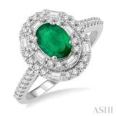 7x5 MM Oval Shape Emerald and 1/2 Ctw Round Cut & Baguette Diamond Precious Ring in 14K White Gold