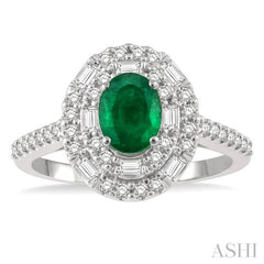 7x5 MM Oval Shape Emerald and 1/2 Ctw Round Cut & Baguette Diamond Precious Ring in 14K White Gold