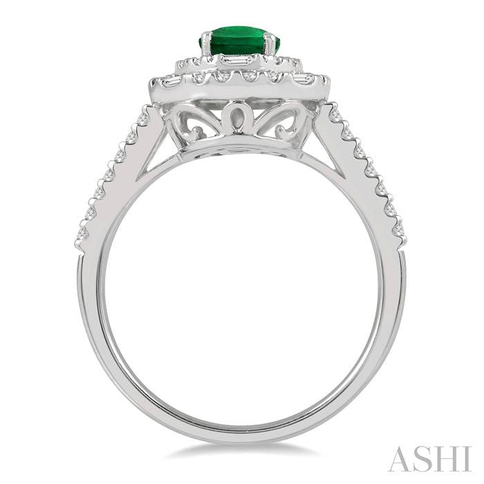 7x5 MM Oval Shape Emerald and 1/2 Ctw Round Cut & Baguette Diamond Precious Ring in 14K White Gold