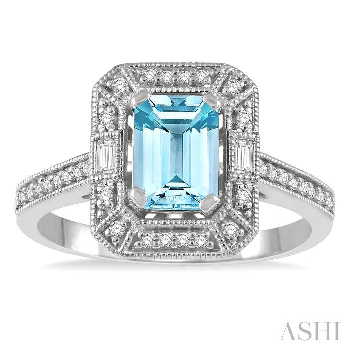 1/5 Ctw Emerald Shape 7x5MM Aquamarine, Baguette and Round Cut Diamond Precious Ring in 14K White Gold