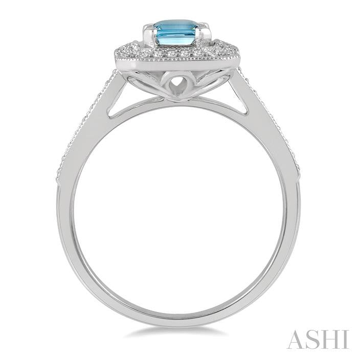 1/5 Ctw Emerald Shape 7x5MM Aquamarine, Baguette and Round Cut Diamond Precious Ring in 14K White Gold