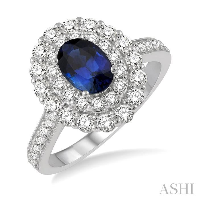 7x5 MM Oval Shape Sapphire and 1 Ctw Round Cut Diamond Halo Precious Ring in 14K White Gold