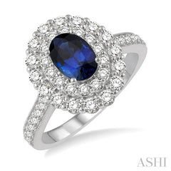 7x5 MM Oval Shape Sapphire and 1 Ctw Round Cut Diamond Halo Precious Ring in 14K White Gold