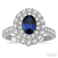 7x5 MM Oval Shape Sapphire and 1 Ctw Round Cut Diamond Halo Precious Ring in 14K White Gold
