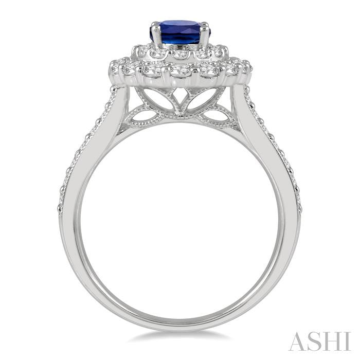 7x5 MM Oval Shape Sapphire and 1 Ctw Round Cut Diamond Halo Precious Ring in 14K White Gold