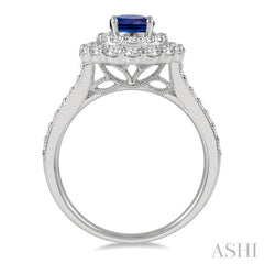 7x5 MM Oval Shape Sapphire and 1 Ctw Round Cut Diamond Halo Precious Ring in 14K White Gold