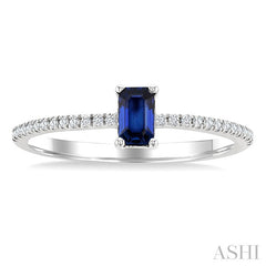 5x3 MM Emerald Shape Sapphire and 1/10 Ctw Petite Round Cut Diamond Precious Fashion Ring in 10K White Gold