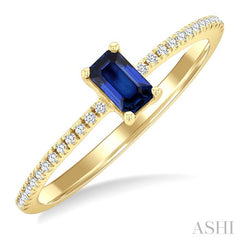5x3 MM Emerald Shape Sapphire and 1/10 Ctw Petite Round Cut Diamond Precious Fashion Ring in 10K Yellow Gold
