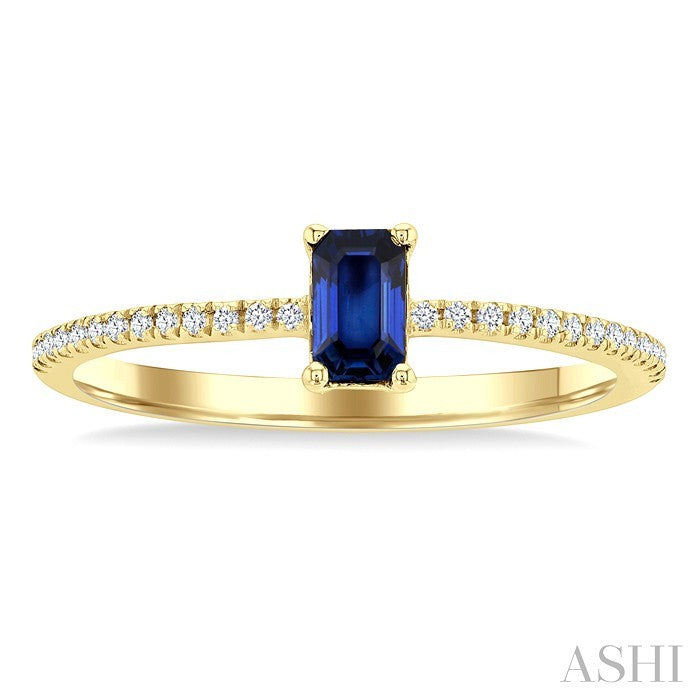 5x3 MM Emerald Shape Sapphire and 1/10 Ctw Petite Round Cut Diamond Precious Fashion Ring in 10K Yellow Gold