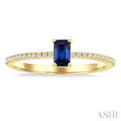 5x3 MM Emerald Shape Sapphire and 1/10 Ctw Petite Round Cut Diamond Precious Fashion Ring in 10K Yellow Gold