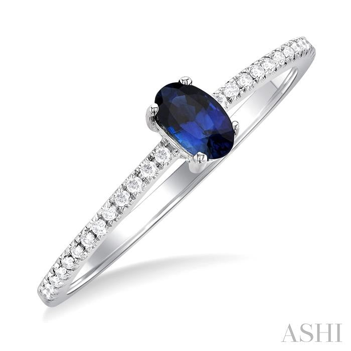 5x3 MM Oval Cut Sapphire and 1/10 Ctw Petite Round Cut Diamond Precious Fashion Ring in 10K White Gold