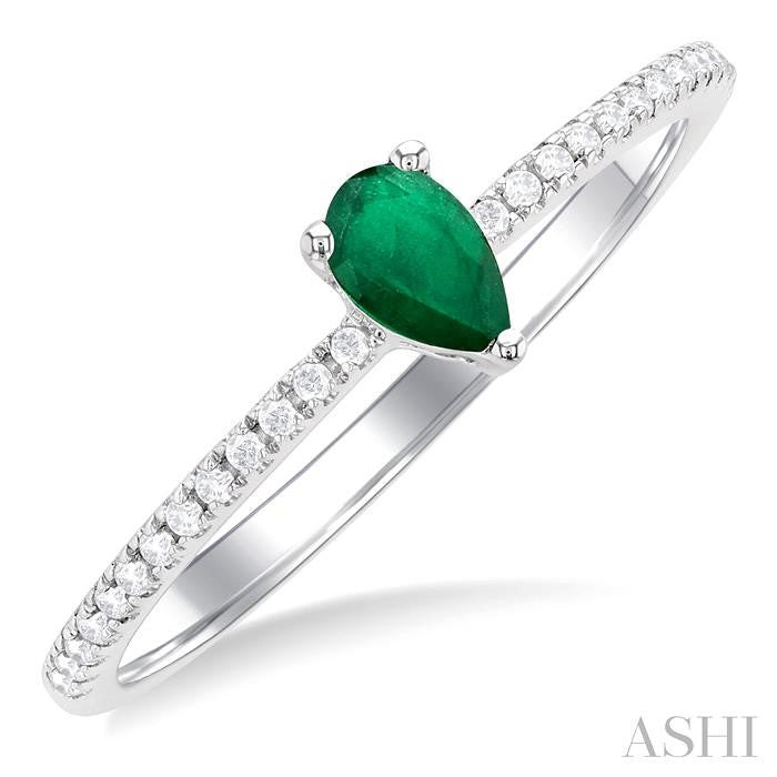 5x3 MM Pear Cut Emerald and 1/10 Ctw Petite Round Cut Diamond Precious Fashion Ring in 10K White Gold