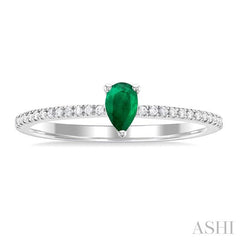 5x3 MM Pear Cut Emerald and 1/10 Ctw Petite Round Cut Diamond Precious Fashion Ring in 10K White Gold