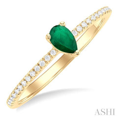 5x3 MM Pear Cut Emerald and 1/10 Ctw Petite Round Cut Diamond Precious Fashion Ring in 10K Yellow Gold