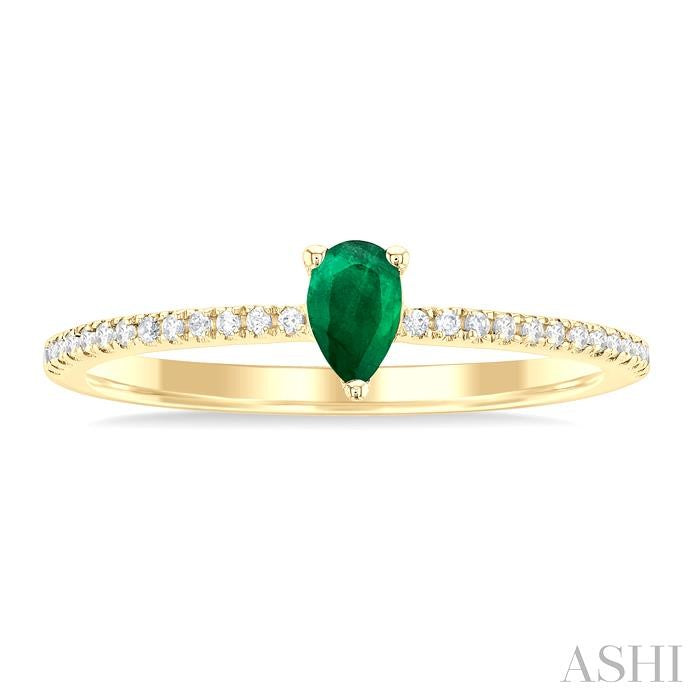5x3 MM Pear Cut Emerald and 1/10 Ctw Petite Round Cut Diamond Precious Fashion Ring in 10K Yellow Gold