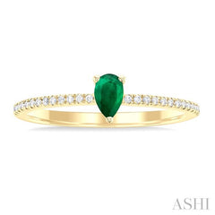 5x3 MM Pear Cut Emerald and 1/10 Ctw Petite Round Cut Diamond Precious Fashion Ring in 10K Yellow Gold