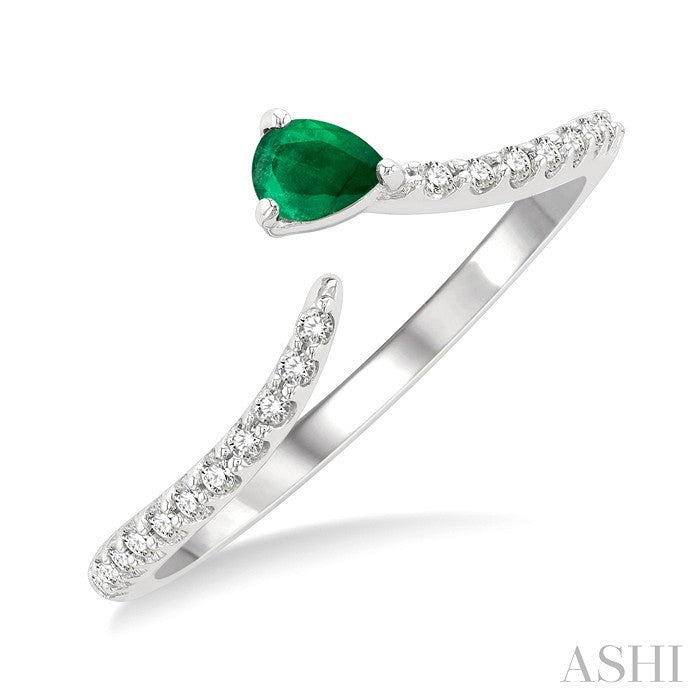 4X3 MM Pear Cut Emerald and 1/10 Ctw Petite Round Cut Diamond Precious Fashion Ring in 10K White Gold