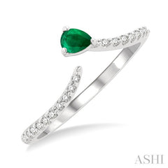4X3 MM Pear Cut Emerald and 1/10 Ctw Petite Round Cut Diamond Precious Fashion Ring in 10K White Gold