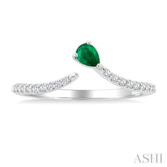 4X3 MM Pear Cut Emerald and 1/10 Ctw Petite Round Cut Diamond Precious Fashion Ring in 10K White Gold