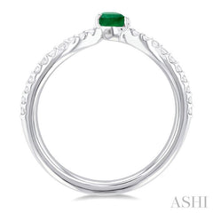4X3 MM Pear Cut Emerald and 1/10 Ctw Petite Round Cut Diamond Precious Fashion Ring in 10K White Gold