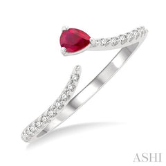 4X3 MM Pear Cut Ruby and 1/10 Ctw Petite Round Cut Diamond Precious Fashion Ring in 10K White Gold