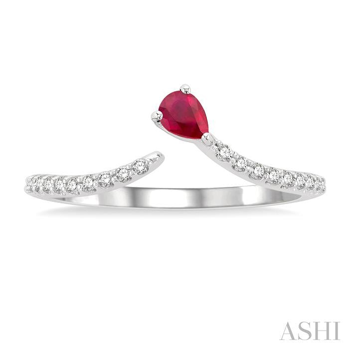 4X3 MM Pear Cut Ruby and 1/10 Ctw Petite Round Cut Diamond Precious Fashion Ring in 10K White Gold