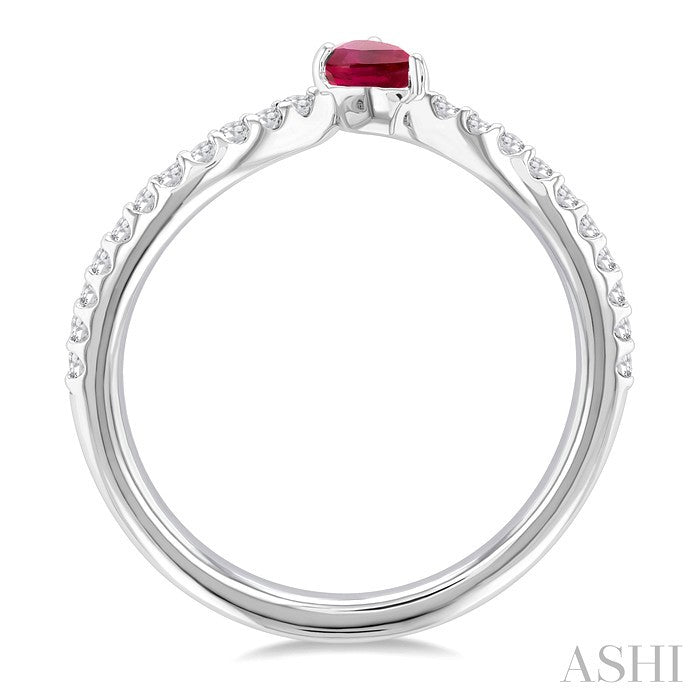 4X3 MM Pear Cut Ruby and 1/10 Ctw Petite Round Cut Diamond Precious Fashion Ring in 10K White Gold