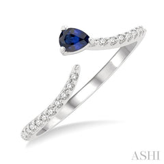 4X3 MM Pear Cut Sapphire and 1/10 Ctw Petite Round Cut Diamond Precious Fashion Ring in 10K White Gold
