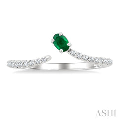 4X3 MM Oval Cut Emerald and 1/10 Ctw Petite Round Cut Diamond Precious Fashion Ring in 10K White Gold