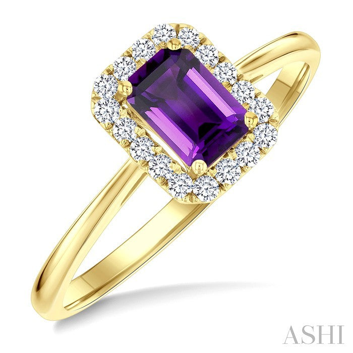 6x4 MM Octagonal Shape Amethyst and 1/6 Ctw Round Cut Diamond Halo Semi-Precious Ring in 14K Yellow Gold