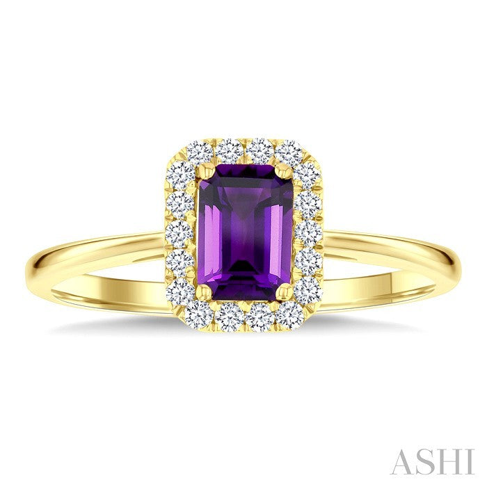 6x4 MM Octagonal Shape Amethyst and 1/6 Ctw Round Cut Diamond Halo Semi-Precious Ring in 14K Yellow Gold