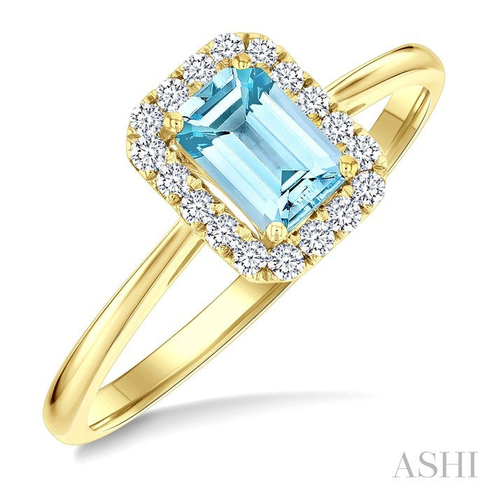 6x4 MM Octagonal Shape Aquamarine and 1/6 Ctw Round Cut Diamond Halo Semi-Precious Ring in 14K Yellow Gold