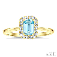6x4 MM Octagonal Shape Aquamarine and 1/6 Ctw Round Cut Diamond Halo Semi-Precious Ring in 14K Yellow Gold