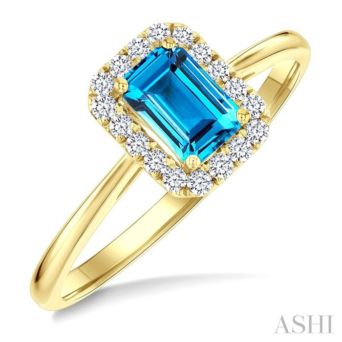 6x4 MM Octagonal Shape Blue Topaz and 1/6 Ctw Round Cut Diamond Halo Semi-Precious Ring in 14K Yellow Gold