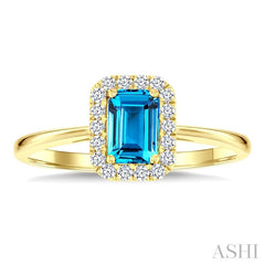 6x4 MM Octagonal Shape Blue Topaz and 1/6 Ctw Round Cut Diamond Halo Semi-Precious Ring in 14K Yellow Gold