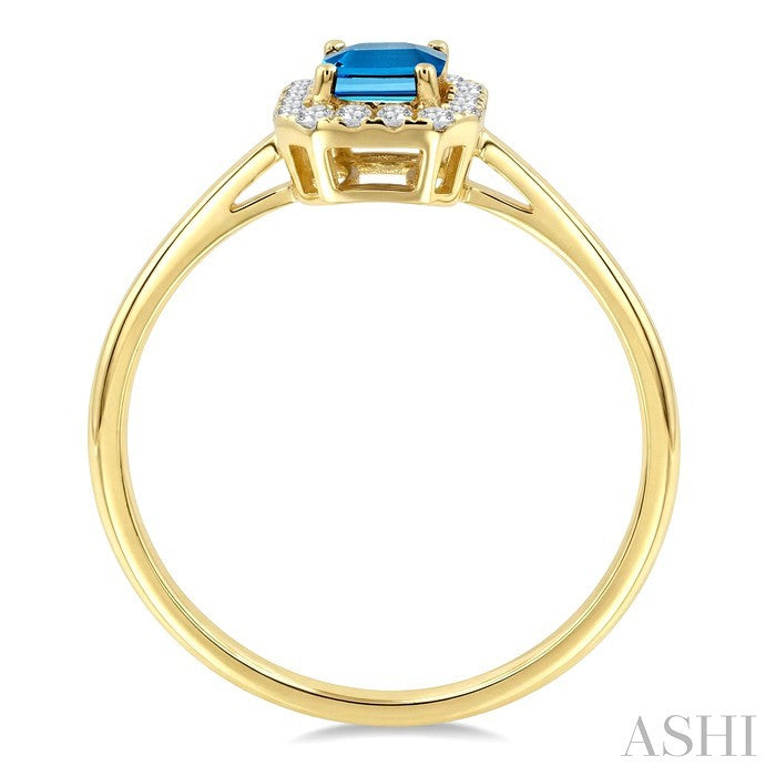 6x4 MM Octagonal Shape Blue Topaz and 1/6 Ctw Round Cut Diamond Halo Semi-Precious Ring in 14K Yellow Gold