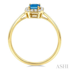 6x4 MM Octagonal Shape Blue Topaz and 1/6 Ctw Round Cut Diamond Halo Semi-Precious Ring in 14K Yellow Gold