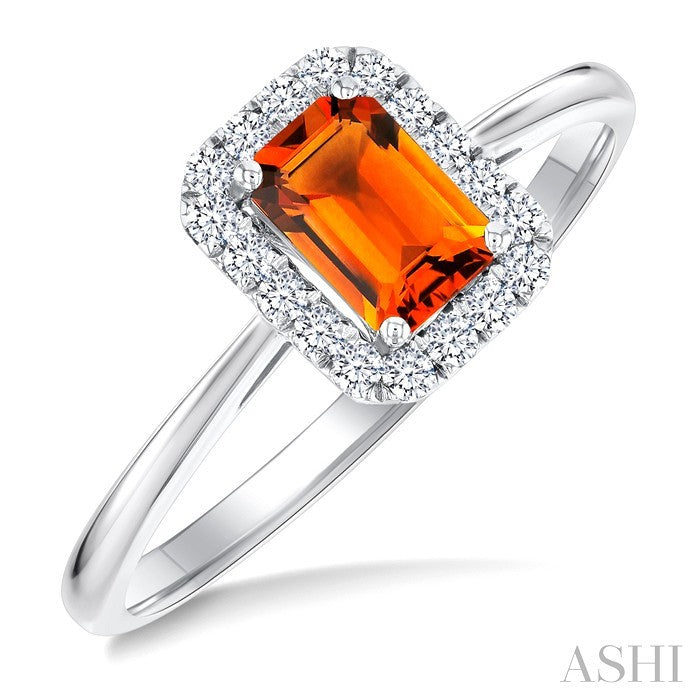 6x4 MM Octagonal Shape Citrine and 1/6 Ctw Round Cut Diamond Halo Semi-Precious Ring in 14K White Gold
