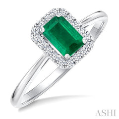 6x4 MM Octagonal Shape Emerald and 1/6 Ctw Round Cut Diamond Halo Precious Ring in 14K White Gold