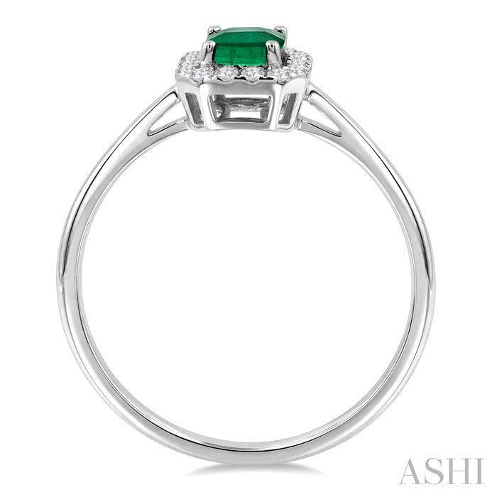 6x4 MM Octagonal Shape Emerald and 1/6 Ctw Round Cut Diamond Halo Precious Ring in 14K White Gold