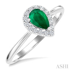 6x4 MM Pear Shape Emerald and 1/6 Ctw Round Cut Diamond Halo Precious Ring in 14K White Gold