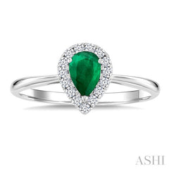 6x4 MM Pear Shape Emerald and 1/6 Ctw Round Cut Diamond Halo Precious Ring in 14K White Gold