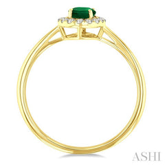 6x4 MM Oval Shape Emerald and 1/6 Ctw Round Cut Diamond Halo Precious Ring in 14K Yellow Gold