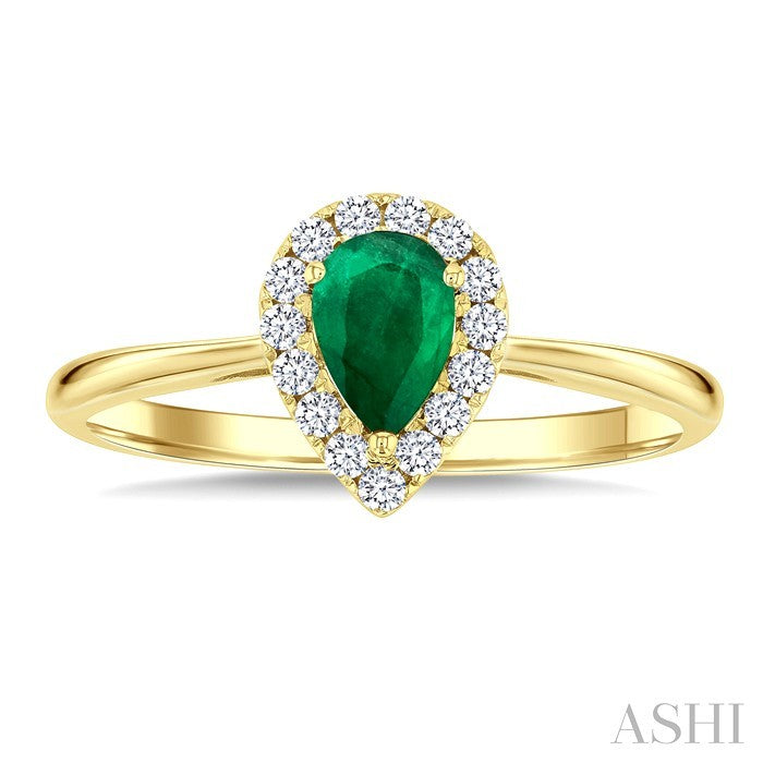 6x4 MM Pear Shape Emerald and 1/6 Ctw Round Cut Diamond Halo Precious Ring in 14K Yellow Gold