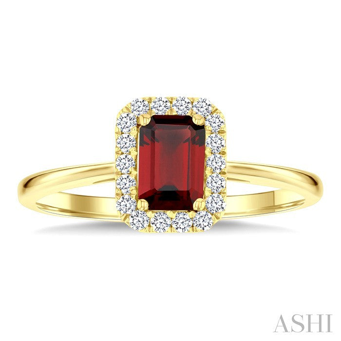 6x4 MM Octagonal Shape Garnet and 1/6 Ctw Round Cut Diamond Halo Semi-Precious Ring in 14K Yellow Gold