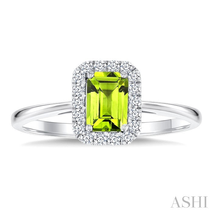6x4 MM Octagonal Shape Peridot and 1/6 Ctw Round Cut Diamond Halo Semi-Precious Ring in 14K White Gold