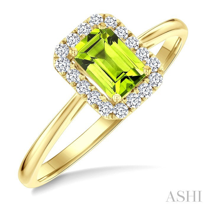 6x4 MM Octagonal Shape Peridot and 1/6 Ctw Round Cut Diamond Halo Semi-Precious Ring in 14K Yellow Gold