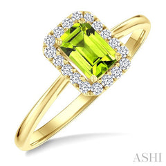 6x4 MM Octagonal Shape Peridot and 1/6 Ctw Round Cut Diamond Halo Semi-Precious Ring in 14K Yellow Gold